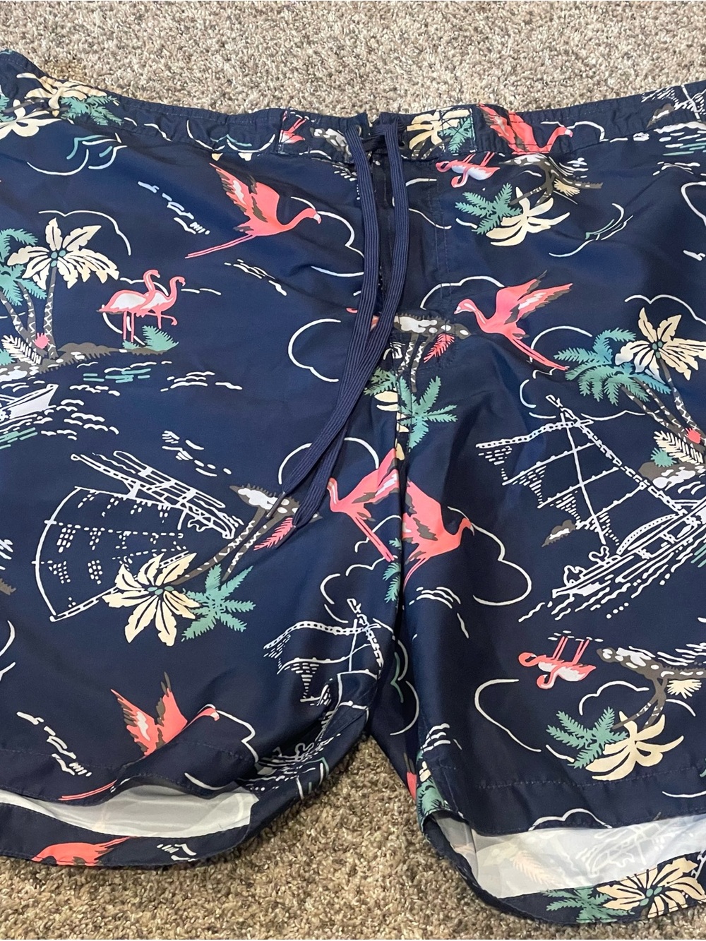 Merona Navy Swim Trunks with Pink Flamingo Print